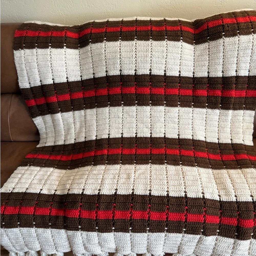 Vintage Hand Made Crocheted Afghan Red and Brown Striped Retro Throw Blanket